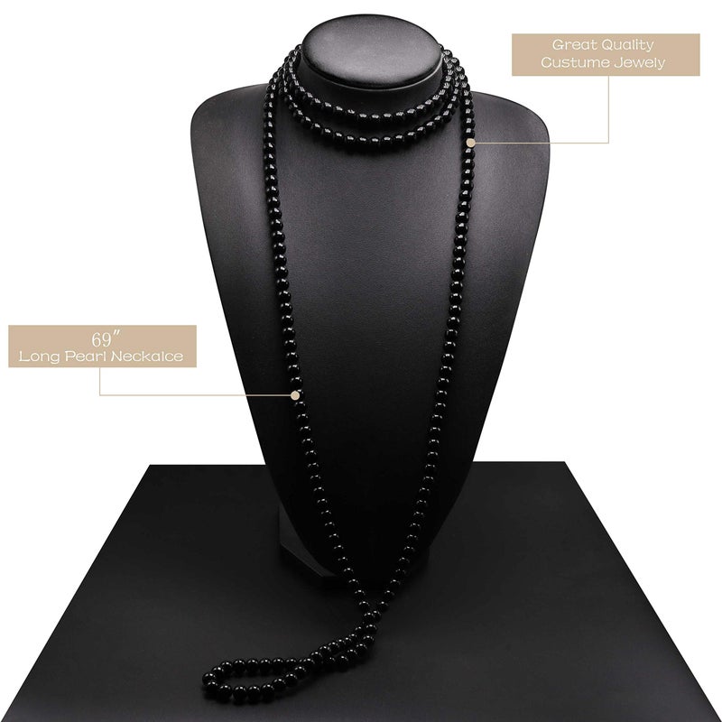 Aisansty Black Long Pearl Necklace for Women Layered Faux Pearl Beads Strand Necklace Costume Jewelry, 69",Diameter Pearl 8MM - Image 2